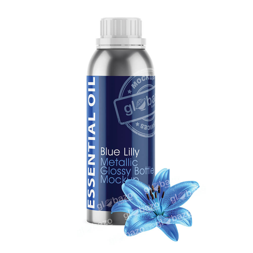 Blue Lilly Essential Oil Metallic Glossy Bottle Mockup (pkg-905)